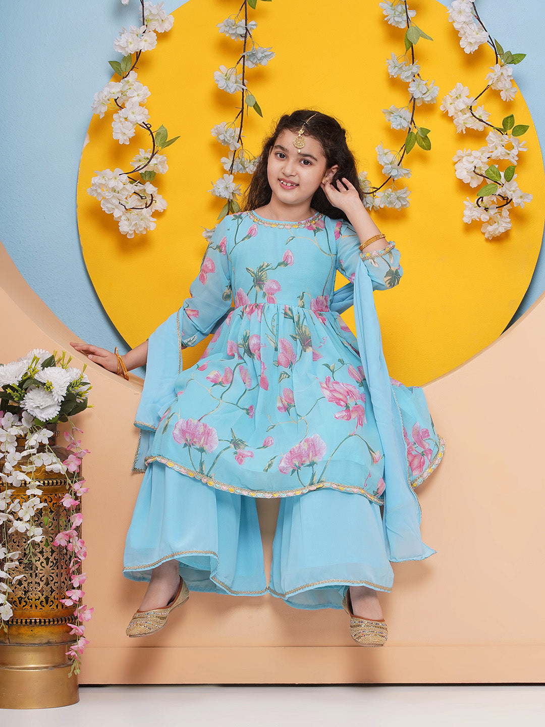 Bitiya by Bhama Girls Blue Floral Printed Kurta with Sharara With dupatta