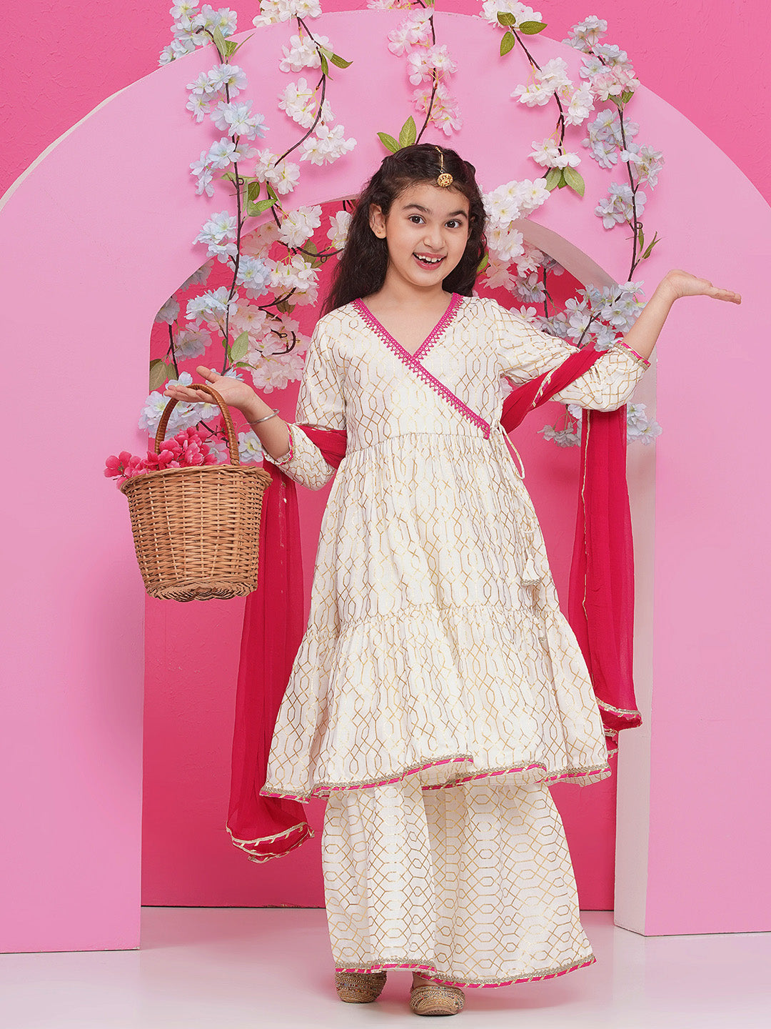 Bitiya by Bhama Girls Off white Foil Printed Angrakha Kurta with Sharara with dupatta
