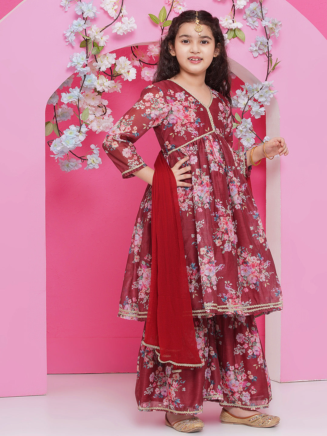 Bitiya by Bhama Girls Maroon Floral Printed Alia Design Kurta with Sharara with dupatta