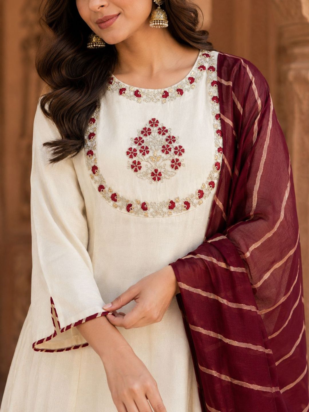 Off White Yoke Embroidery Kurta Set With Lehriya Dupatta