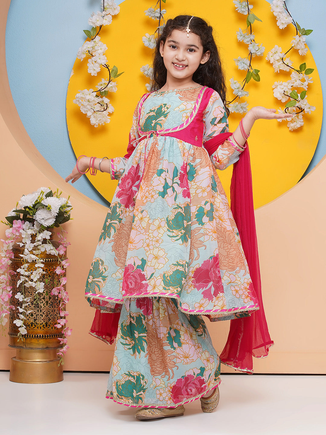 Bitiya by Bhama Girls Sea Green Multi Printed Jacket Style kurta with Sharara With dupatta