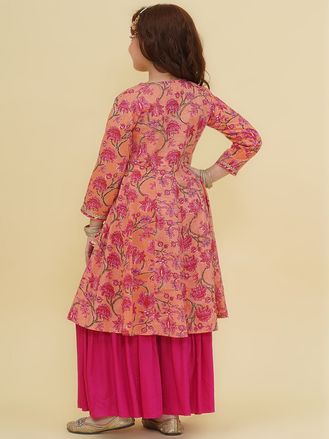 Bitiya by Bhama Girls Peach Floral Printed Angrakha Kurta with Sharara