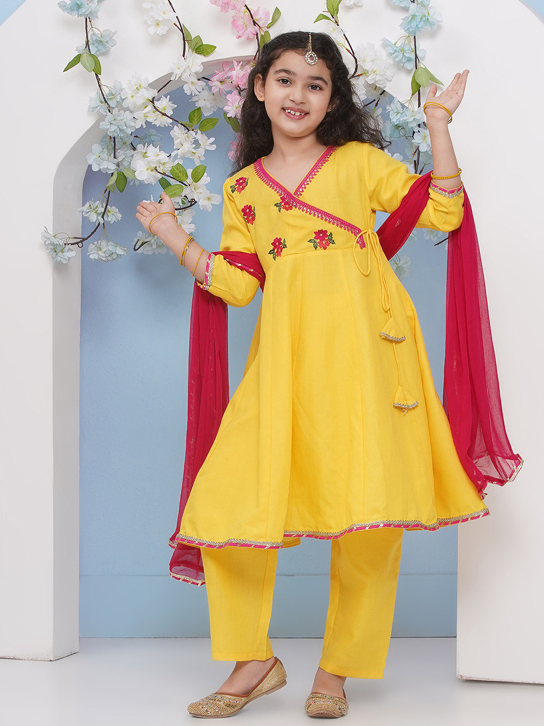 Bitiya by Bhama Girls Yellow Embroidered Angrakha Kurta with Trousers with dupatta