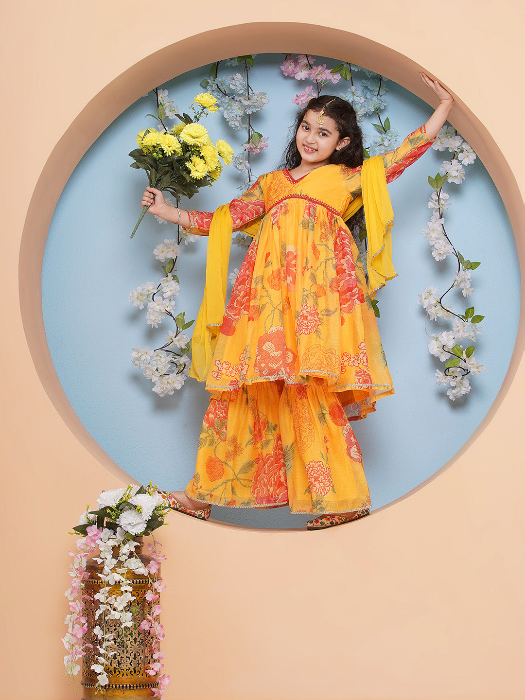Bitiya by Bhama Girls Yellow Floral Printed Alia Design Kurta With Sharara With dupatta