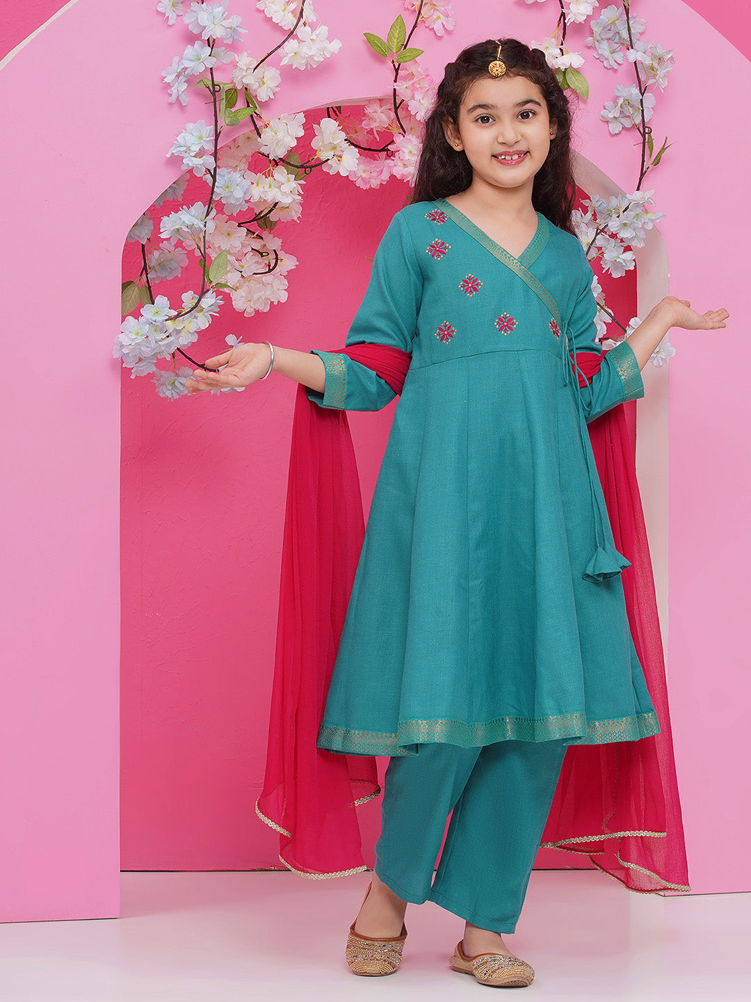 Bitiya by Bhama Girls Green Embroidered Angrakha Kurta with Trousers with dupatta