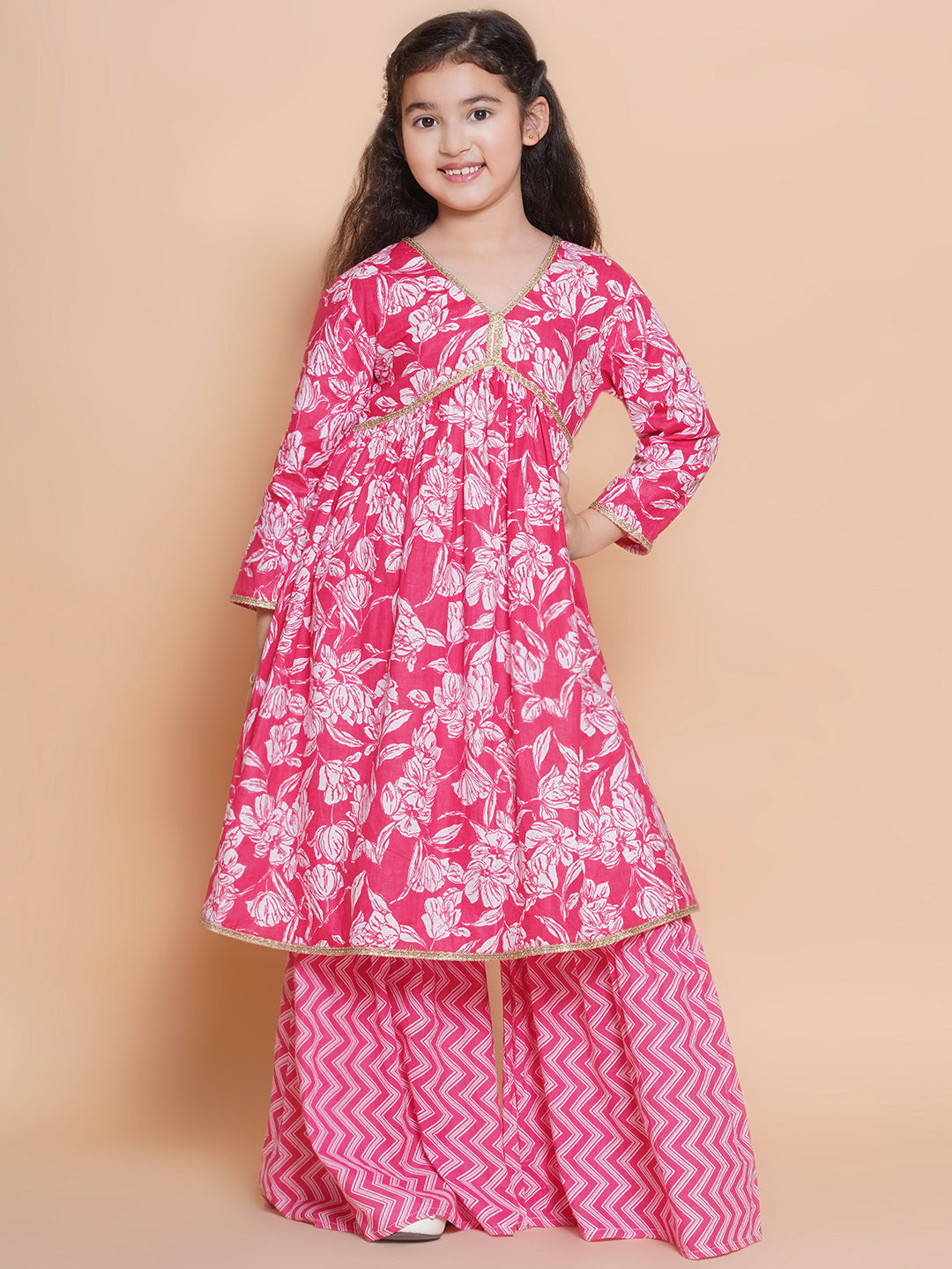 Girls Floral Printed Empire Gotta Patti Pure Cotton Kurta with Sharara