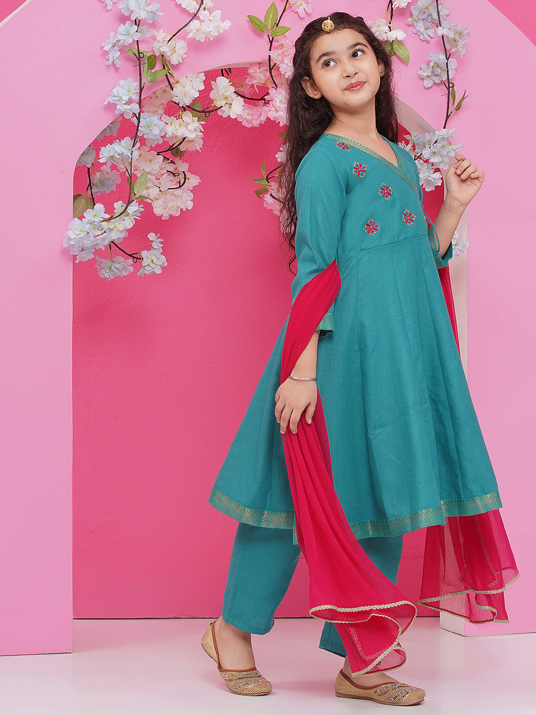 Bitiya by Bhama Girls Green Embroidered Angrakha Kurta with Trousers with dupatta