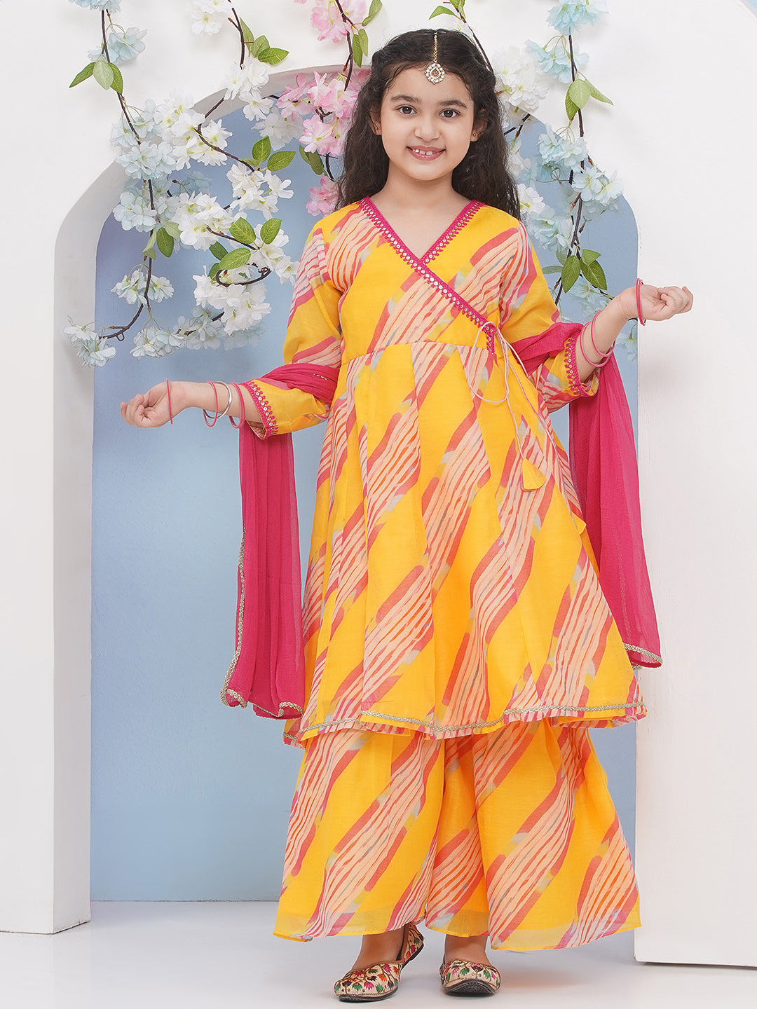 Bitiya by Bhama Girls Yellow Leheriya Printed Angrakha Kurta with Sharara with dupatta
