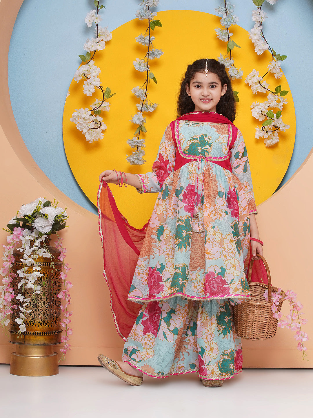 Bitiya by Bhama Girls Sea Green Multi Printed Jacket Style kurta with Sharara With dupatta
