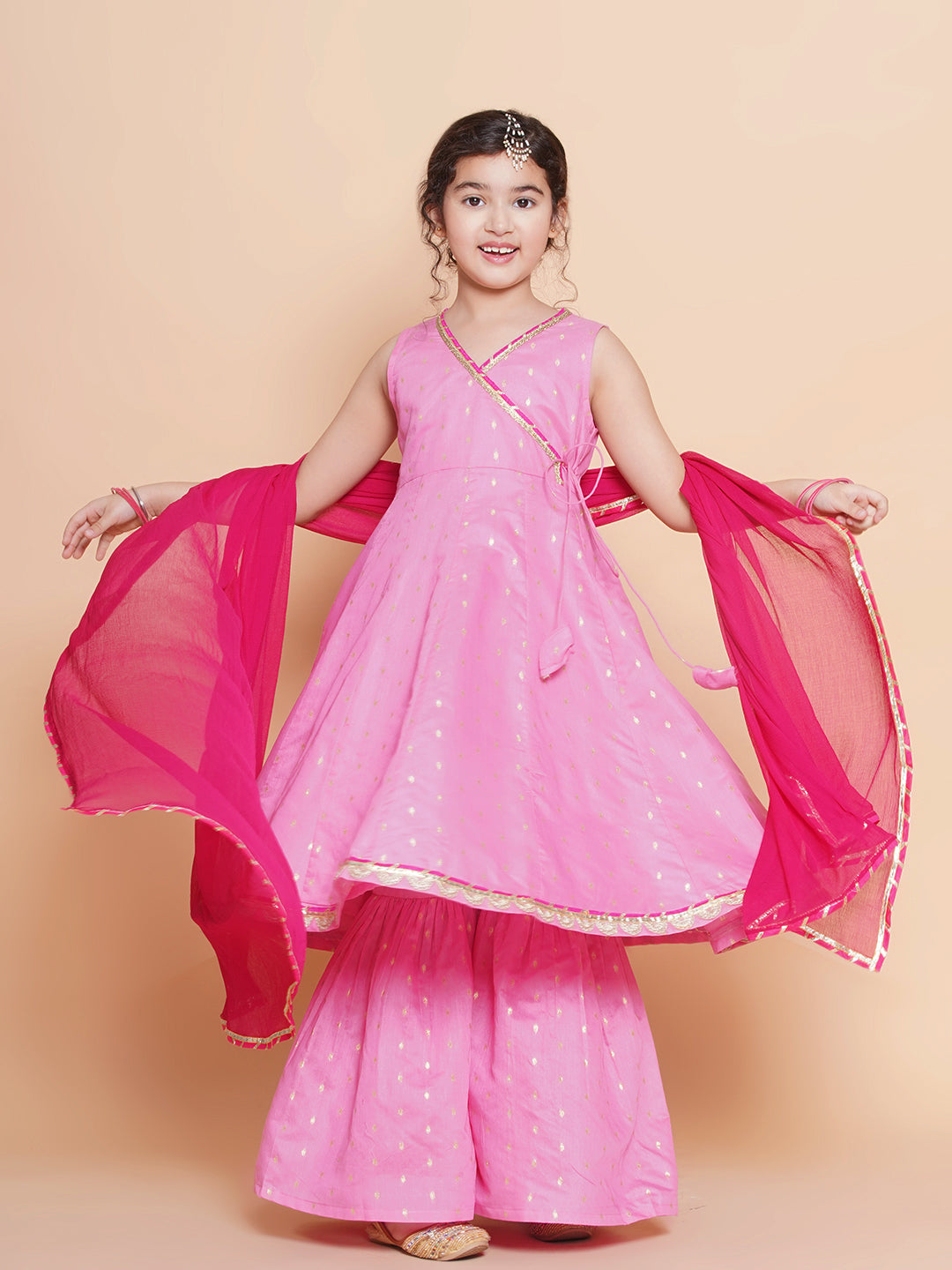 Bitiya by Bhama Girls Pink Ethnic motifs woven design Kurta With Sharara dupatta