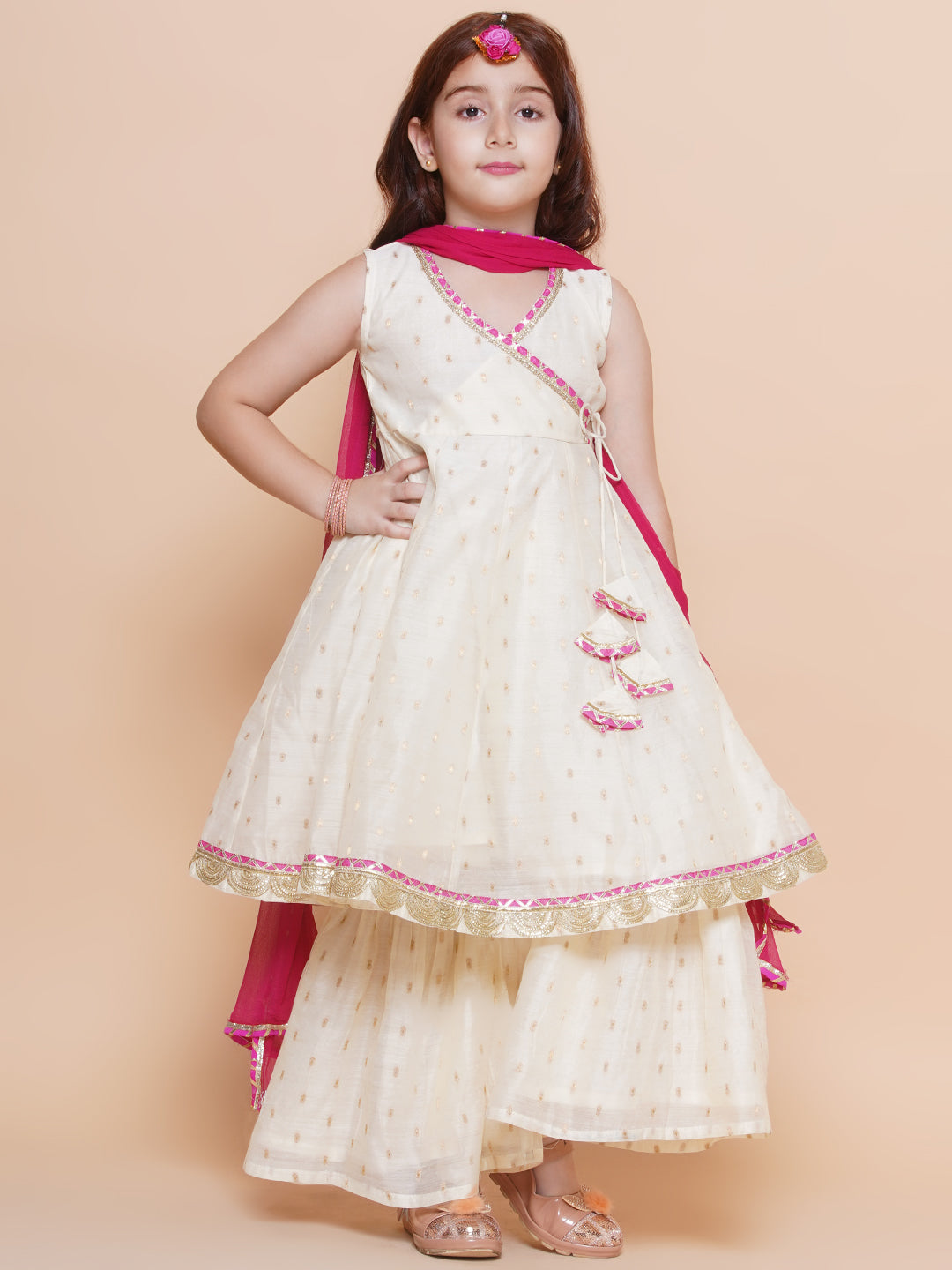 Bitiya by Bhama Girls Off white Angrakha Kurta with Sharara & Dupatta