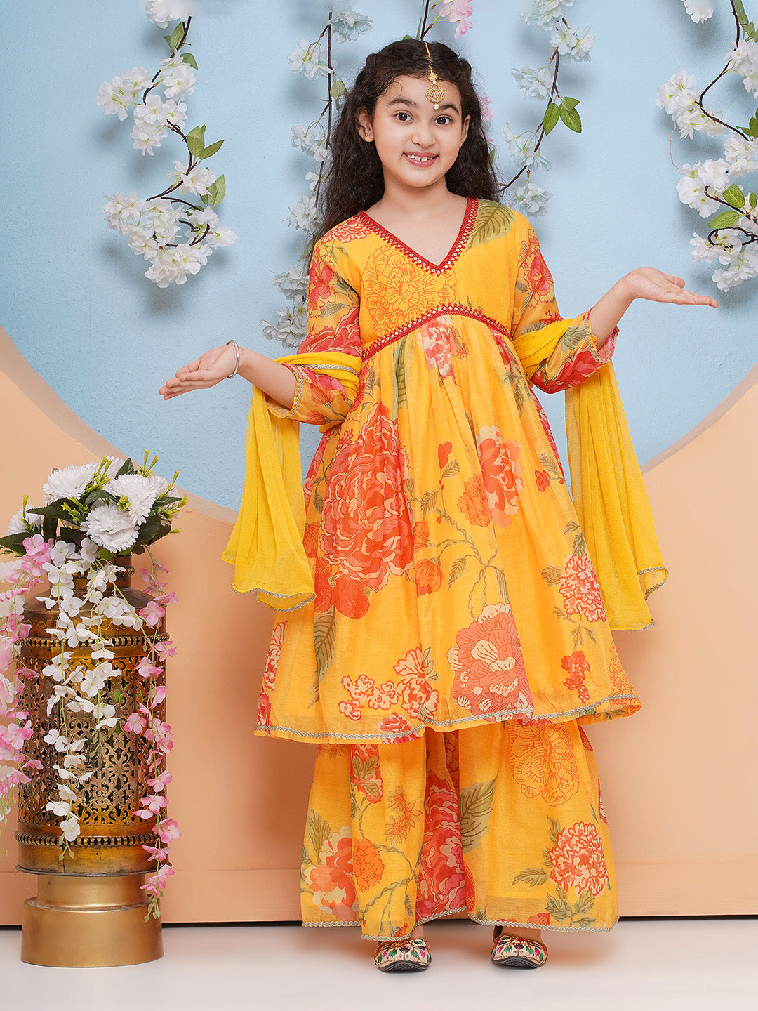 Bitiya by Bhama Girls Yellow Floral Printed Alia Design Kurta With Sharara With dupatta