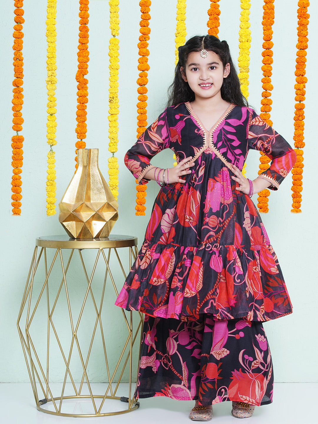 Girls Floral Printed Empire Gotta Patti Kurta with Sharara