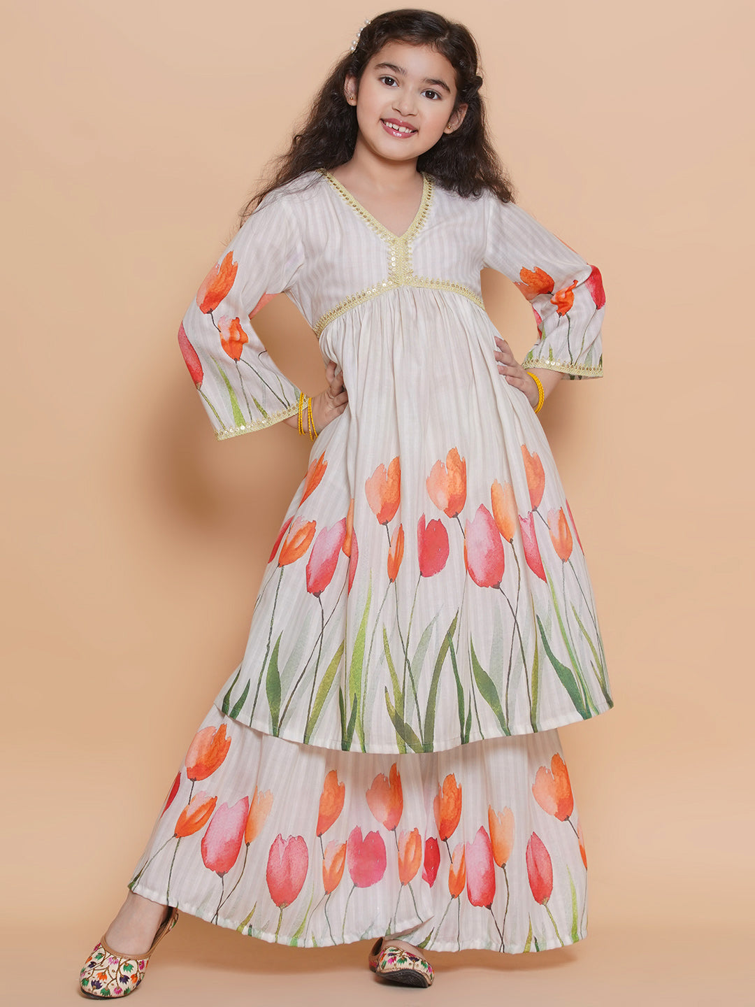 Girls Printed Empire Gotta Patti Pure Cotton Anarkali Kurta With Sharara