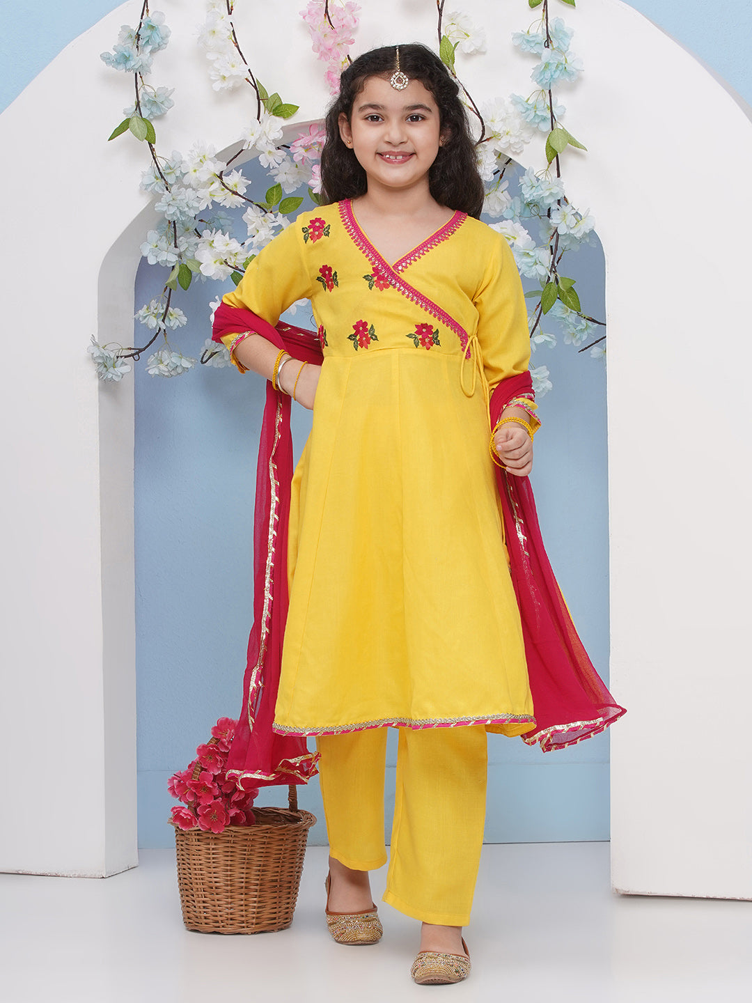 Bitiya by Bhama Girls Yellow Embroidered Angrakha Kurta with Trousers with dupatta