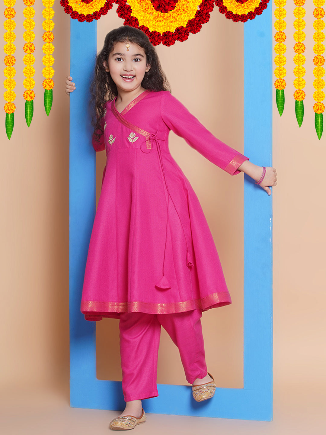 Bitiya by Bhama Girls Pink Embroidered Angrakha Kurta with Trousers