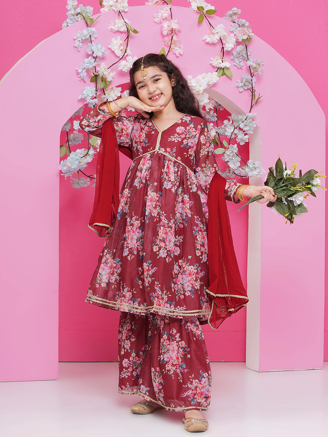 Bitiya by Bhama Girls Maroon Floral Printed Alia Design Kurta with Sharara with dupatta