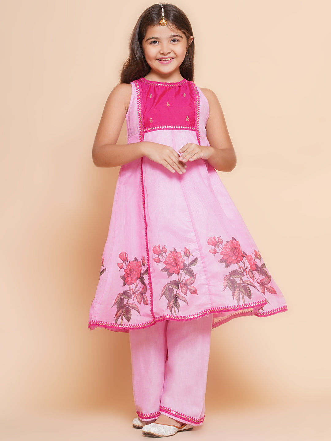 Bitiya by Bhama Girls Pink Floral  Printed Kurta with Palzzzo