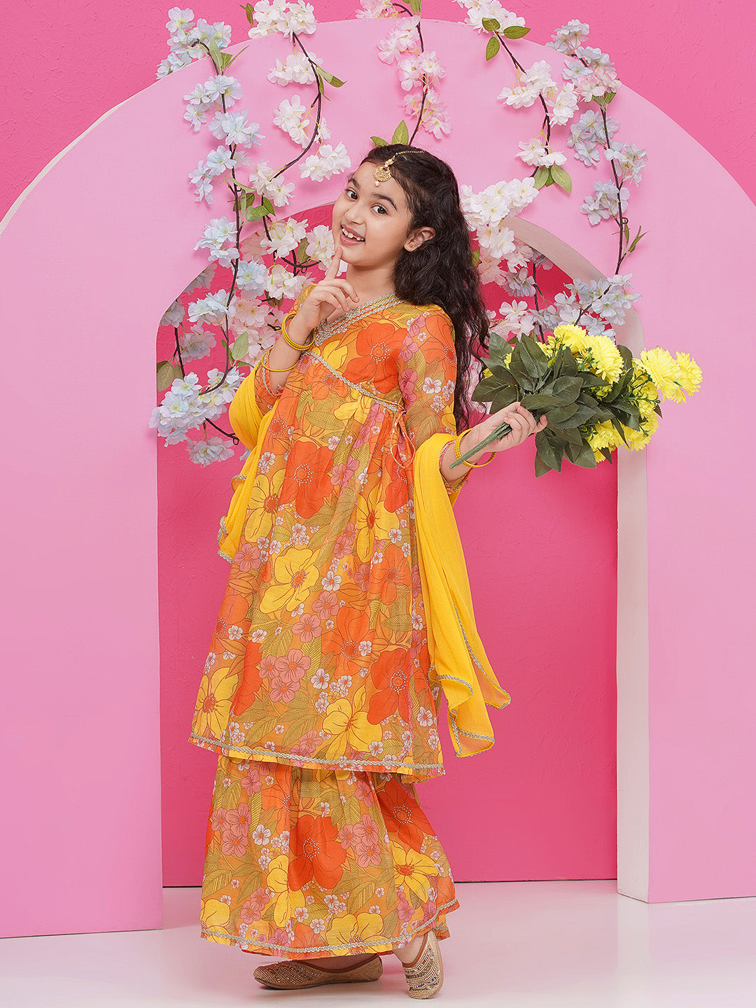 Bitiya by Bhama Girls Yellow Floral Printed Alia Design Kurta With Sharara With dupatta