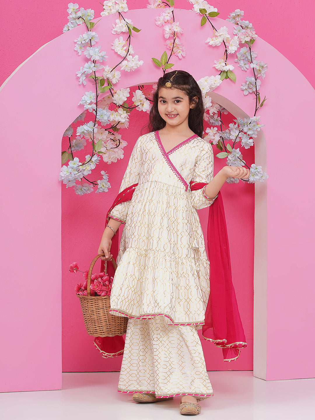 Bitiya by Bhama Girls Off white Foil Printed Angrakha Kurta with Sharara with dupatta