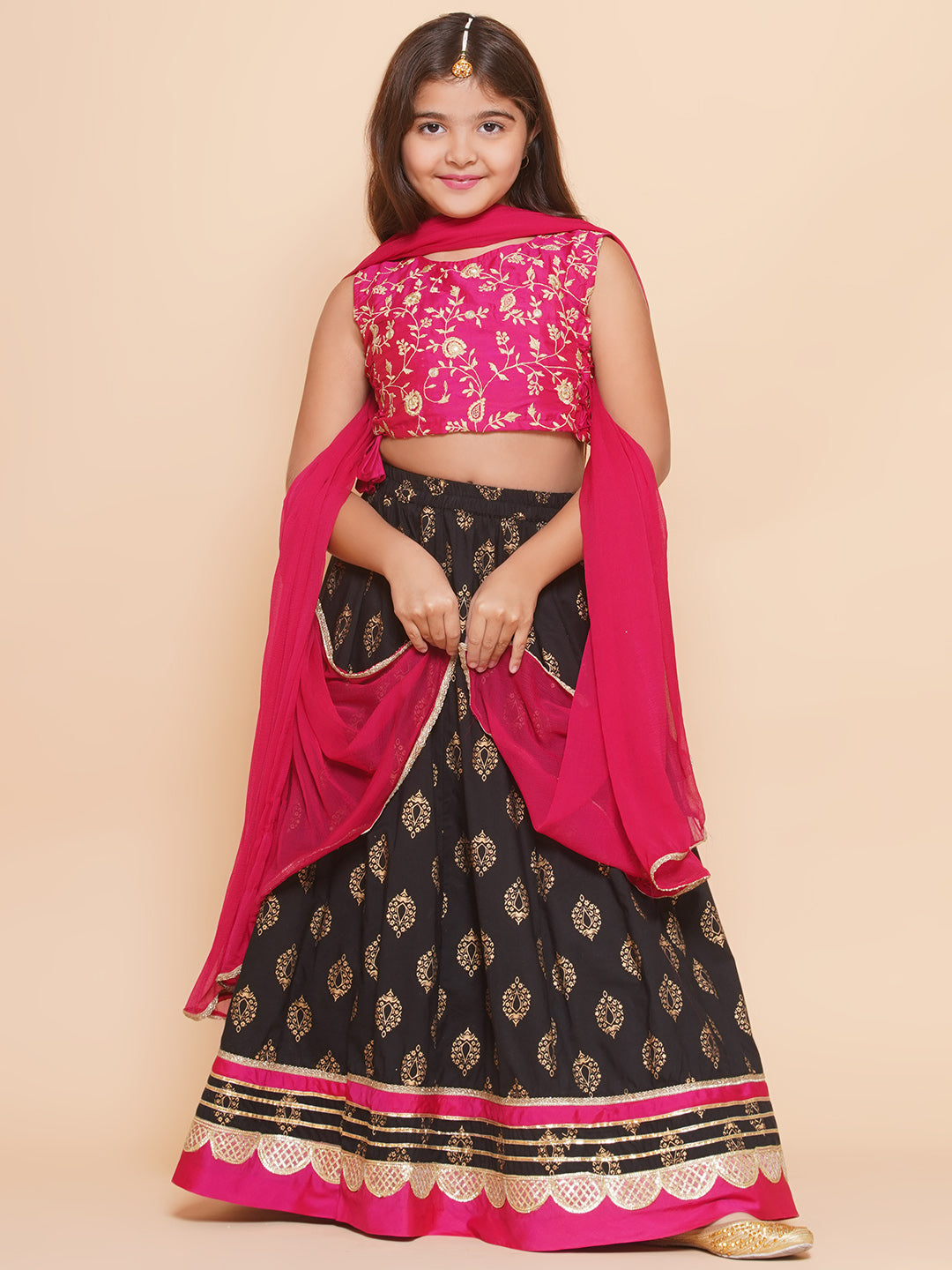 Bitiya by Bhama Girls Pink Embroidered Choli & Black Golden print Ready to Wear Lehenga With Dupatta
