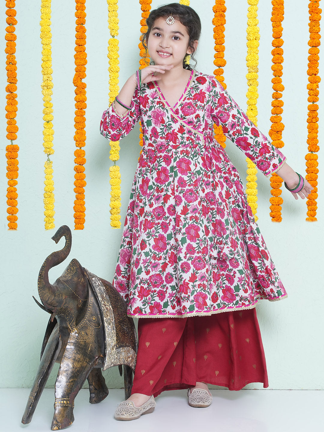 Girls Printed Angrakha Pure Cotton Anarkali Kurta With Palazzos