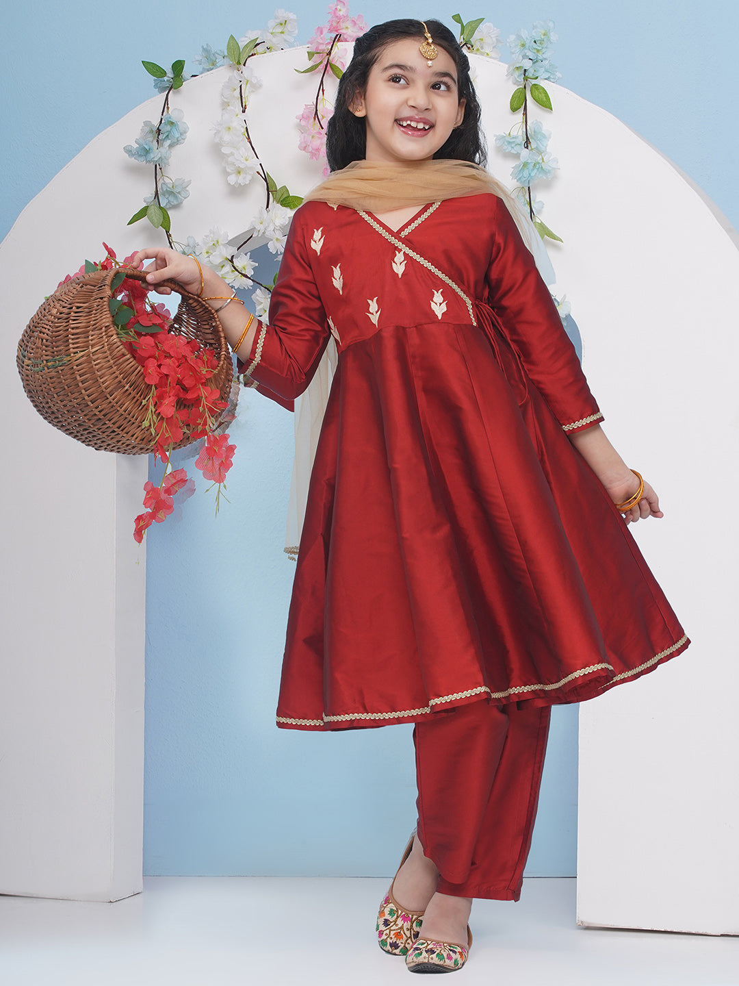 Bitiya by Bhama Girls Maroon Embroidered Angrakha Kurta with Trousers with dupatta