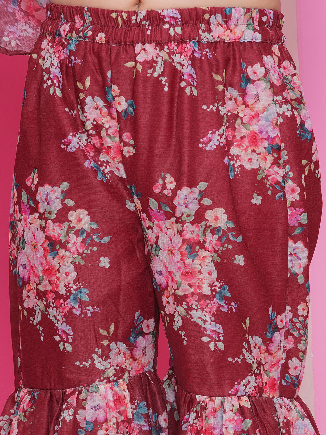 Bitiya by Bhama Girls Maroon Floral Printed Alia Design Kurta with Sharara with dupatta