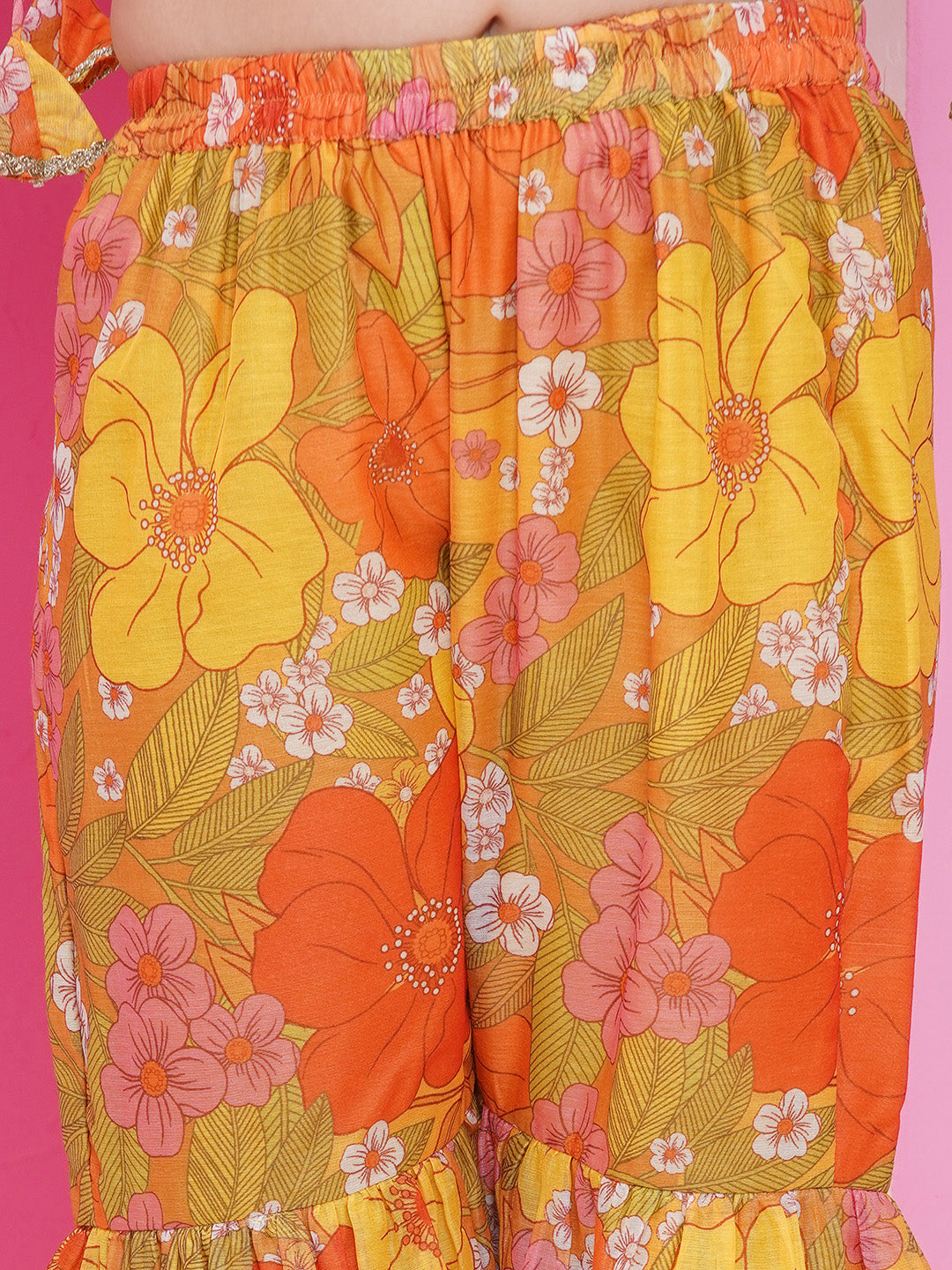 Bitiya by Bhama Girls Yellow Floral Printed Alia Design Kurta With Sharara With dupatta