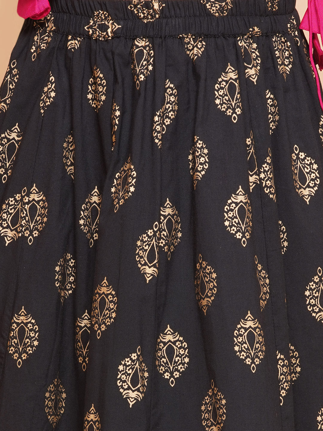 Bitiya by Bhama Girls Pink Embroidered Choli & Black Golden print Ready to Wear Lehenga With Dupatta