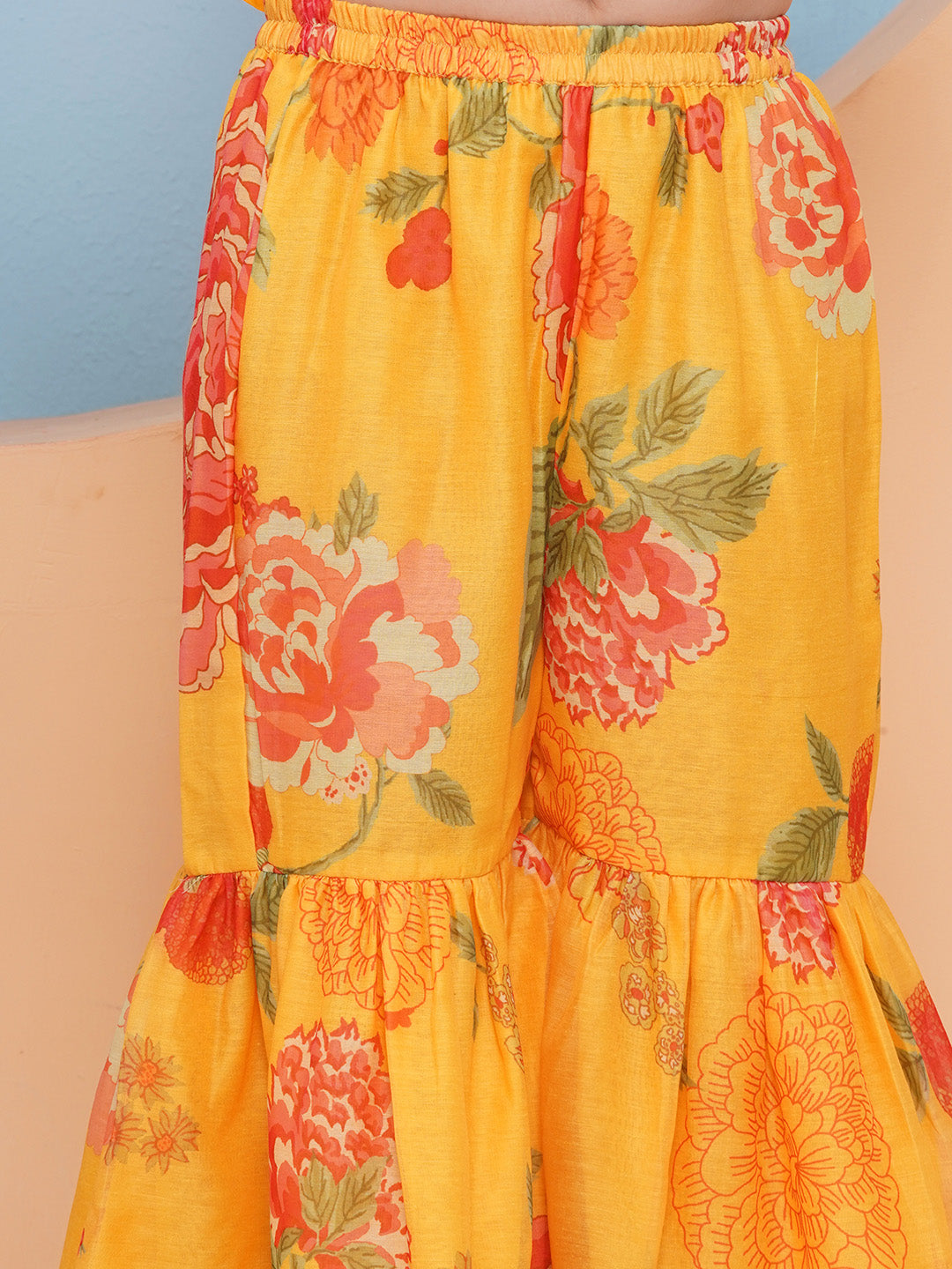 Bitiya by Bhama Girls Yellow Floral Printed Alia Design Kurta With Sharara With dupatta
