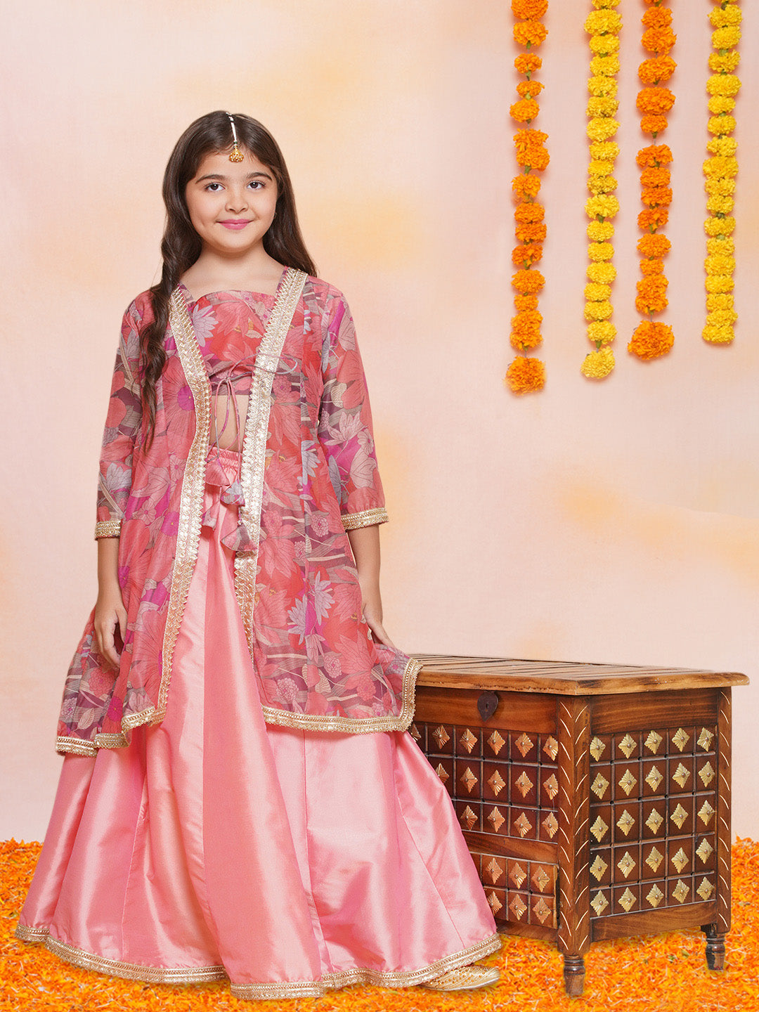 Bitiya by Bhama Girls Peach Floral Printed Shrug Blouse With Ready t