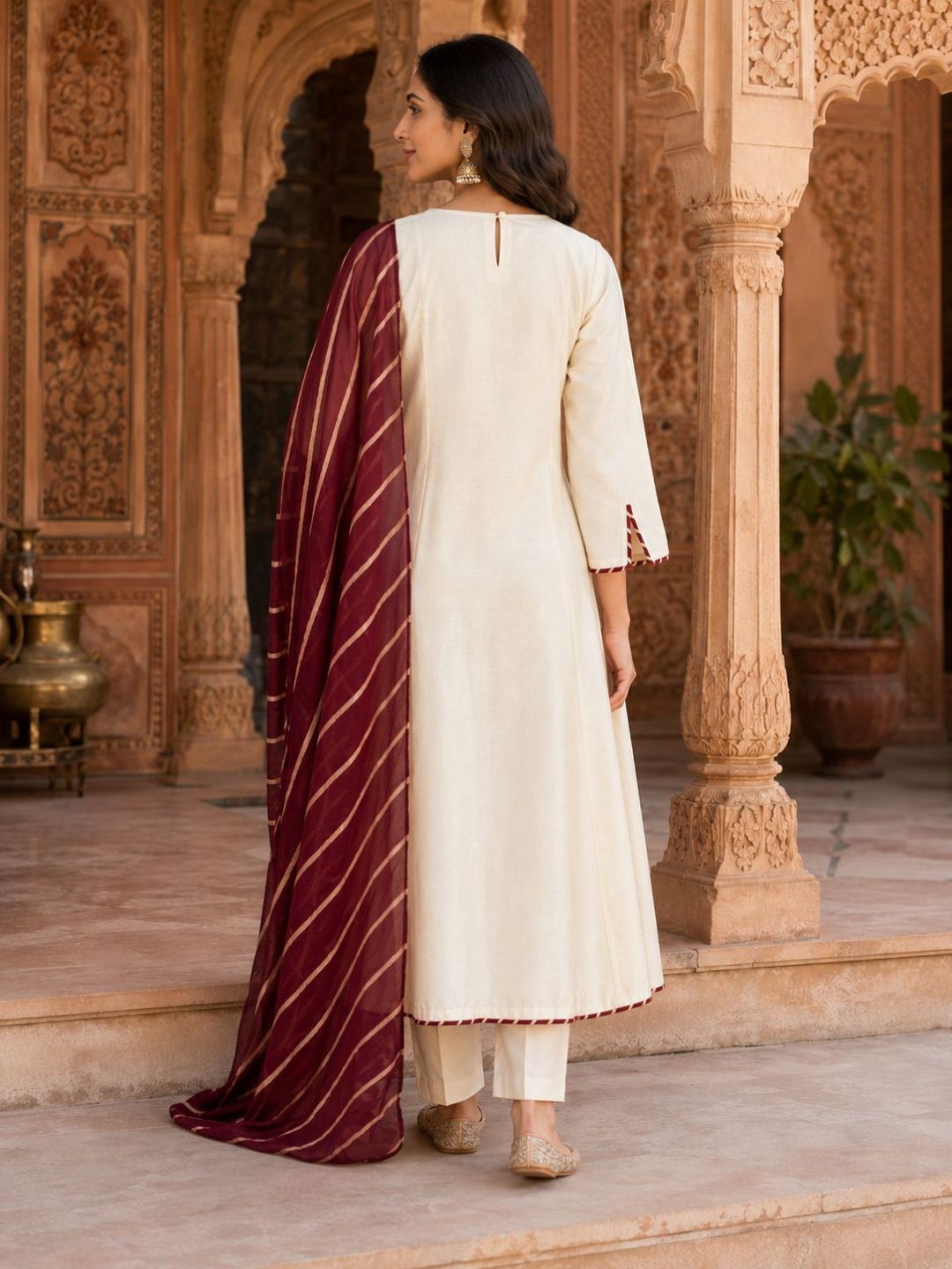 Off White Yoke Embroidery Kurta Set With Lehriya Dupatta