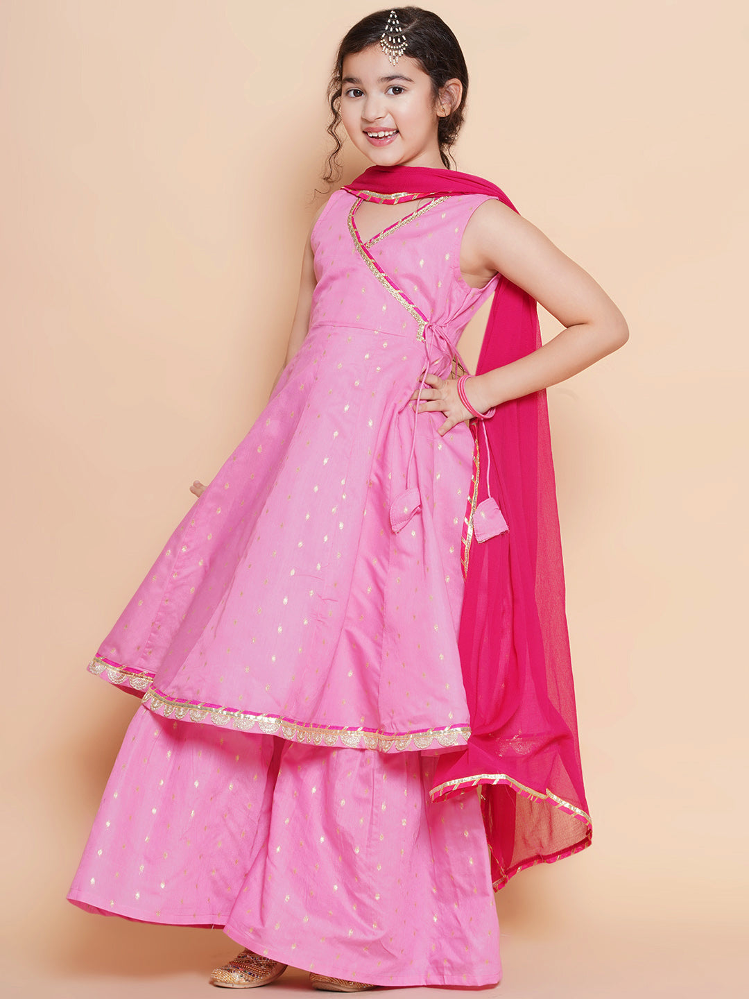 Bitiya by Bhama Girls Pink Ethnic motifs woven design Kurta With Sharara dupatta