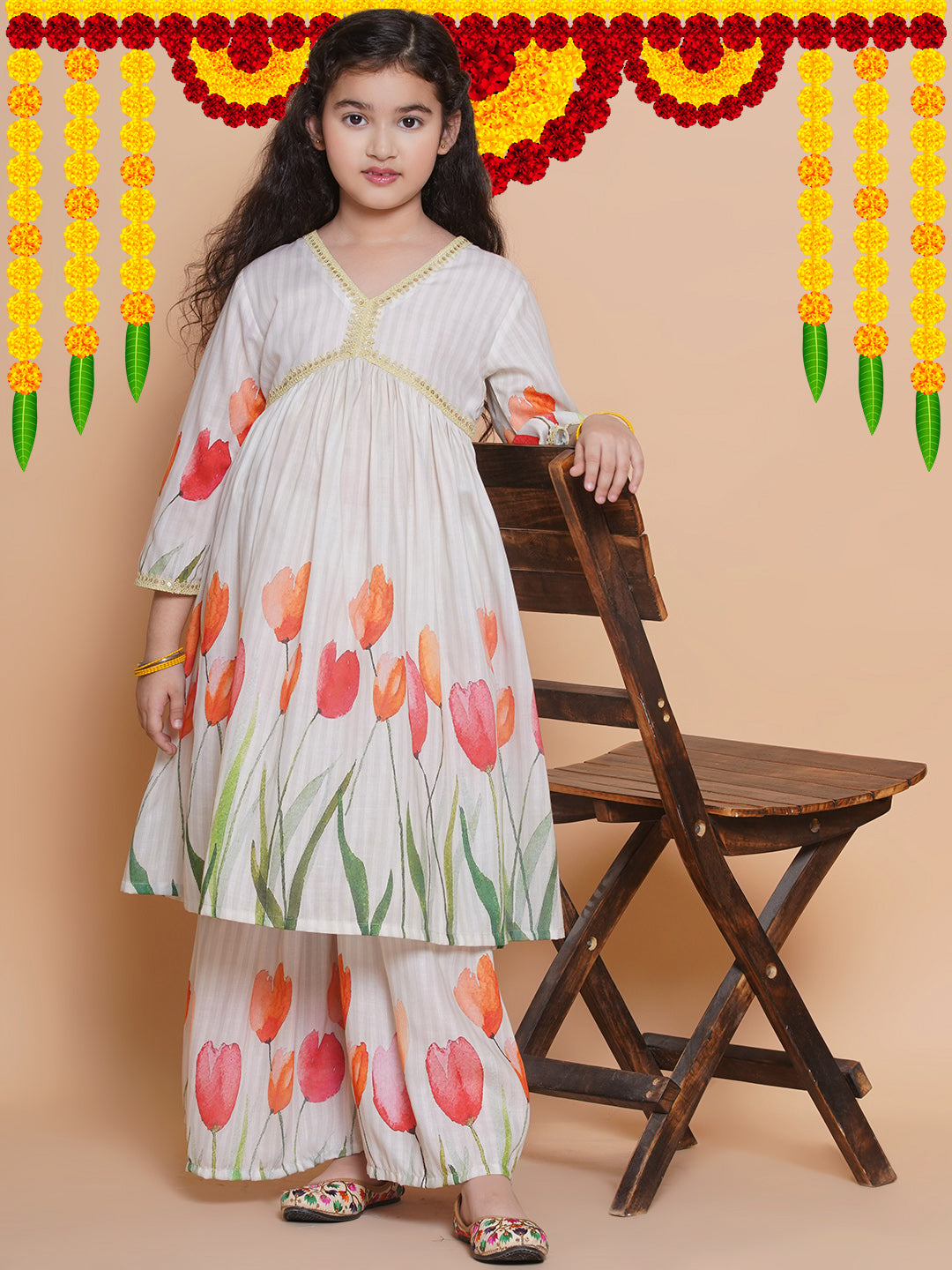 Girls Printed Empire Gotta Patti Pure Cotton Anarkali Kurta With Sharara
