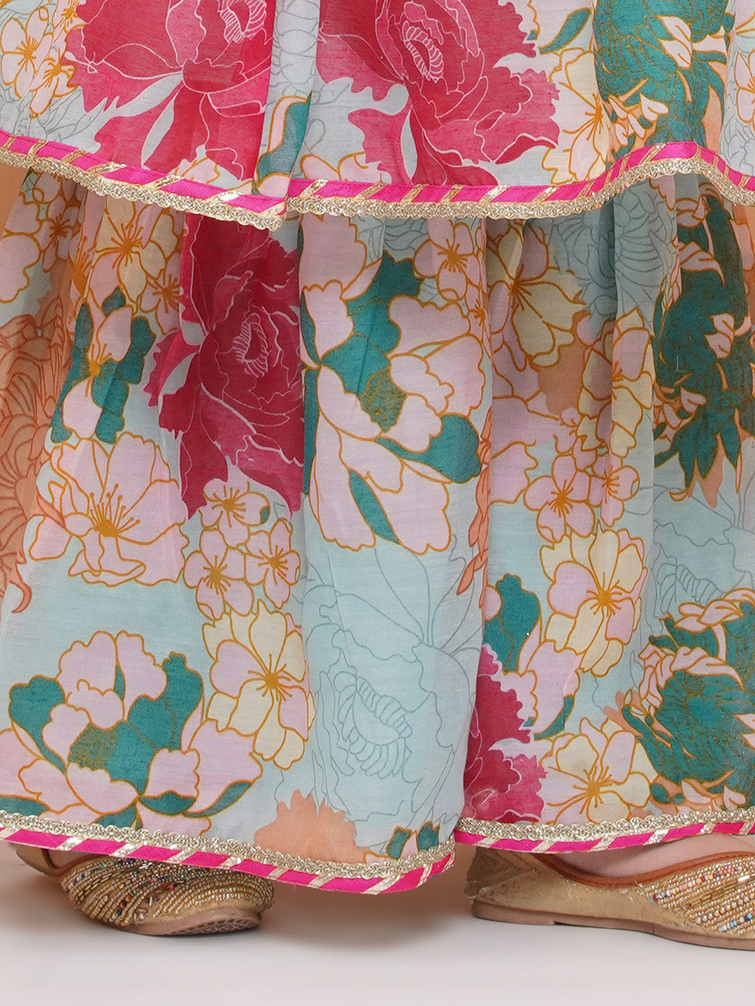 Bitiya by Bhama Girls Sea Green Multi Printed Jacket Style kurta with Sharara With dupatta