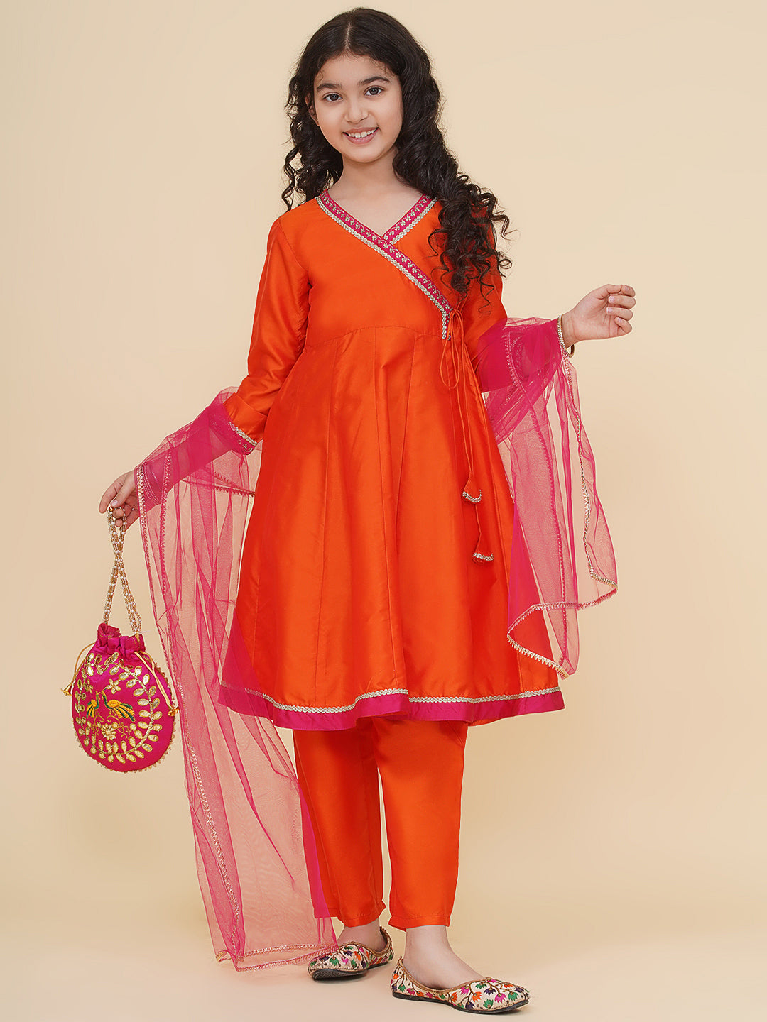Bitiya by Bhama Girls Orange Angrakha Kurta with Trousers with Dupatta