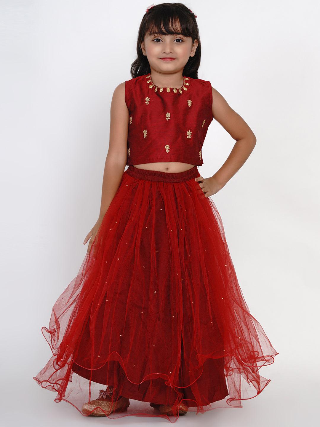 Bitiya by Bhama 
Girls Maroon & Gold-Toned Embroidered Ready to Wear Lehenga Choli