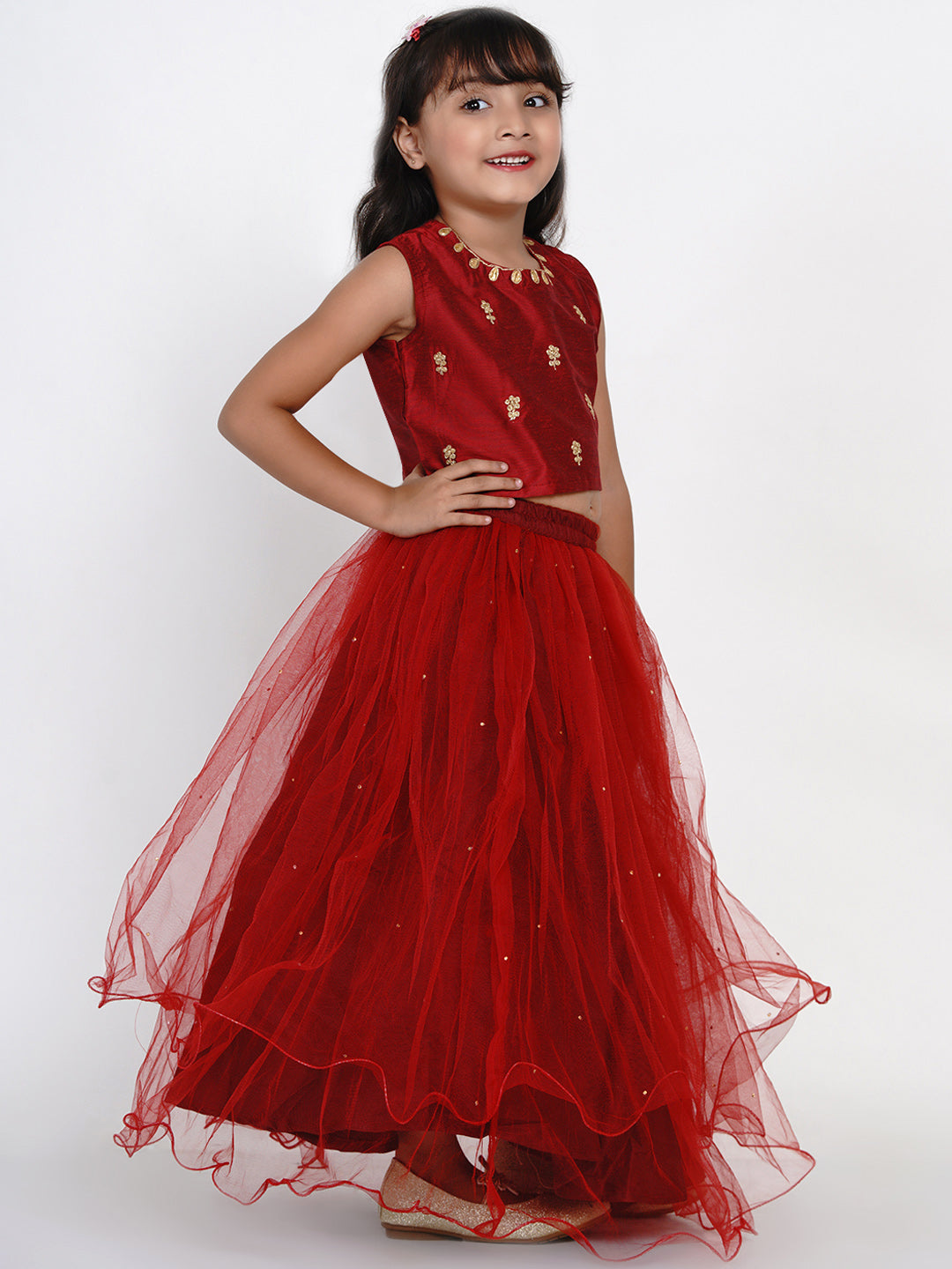 Bitiya by Bhama 
Girls Maroon & Gold-Toned Embroidered Ready to Wear Lehenga Choli
