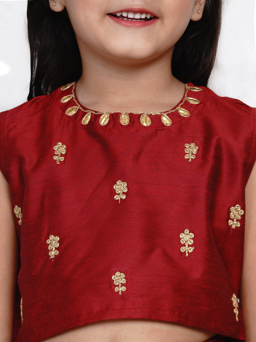 Bitiya by Bhama 
Girls Maroon & Gold-Toned Embroidered Ready to Wear Lehenga Choli