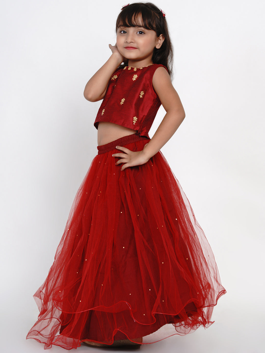 Bitiya by Bhama 
Girls Maroon & Gold-Toned Embroidered Ready to Wear Lehenga Choli