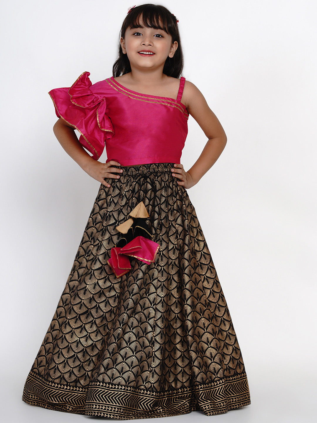Bitiya by Bhama 
Girls Pink & Black Printed Ready to Wear Lehenga & Blouse