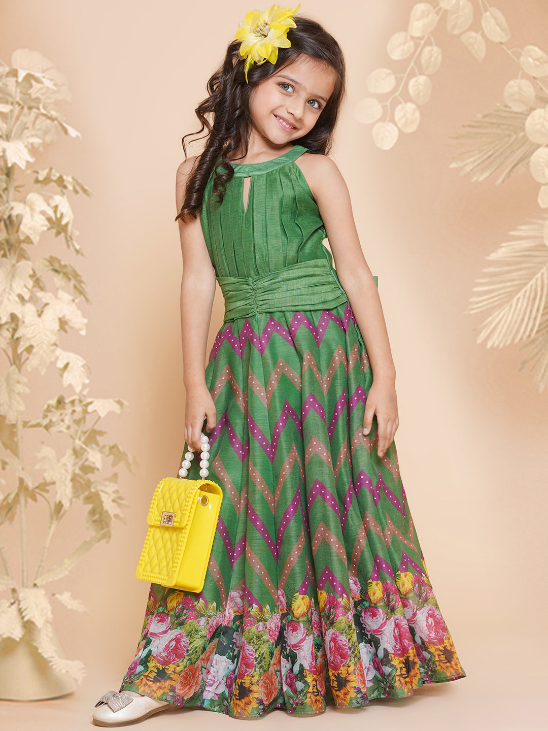 Bitiya By Bhama Girls Green Zig Zag Flower Digital Printed Fit & Flared Maxi Dress.