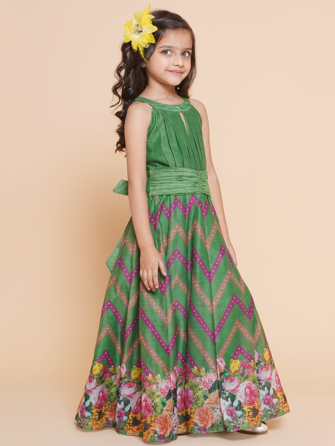 Bitiya By Bhama Girls Green Zig Zag Flower Digital Printed Fit & Flared Maxi Dress.