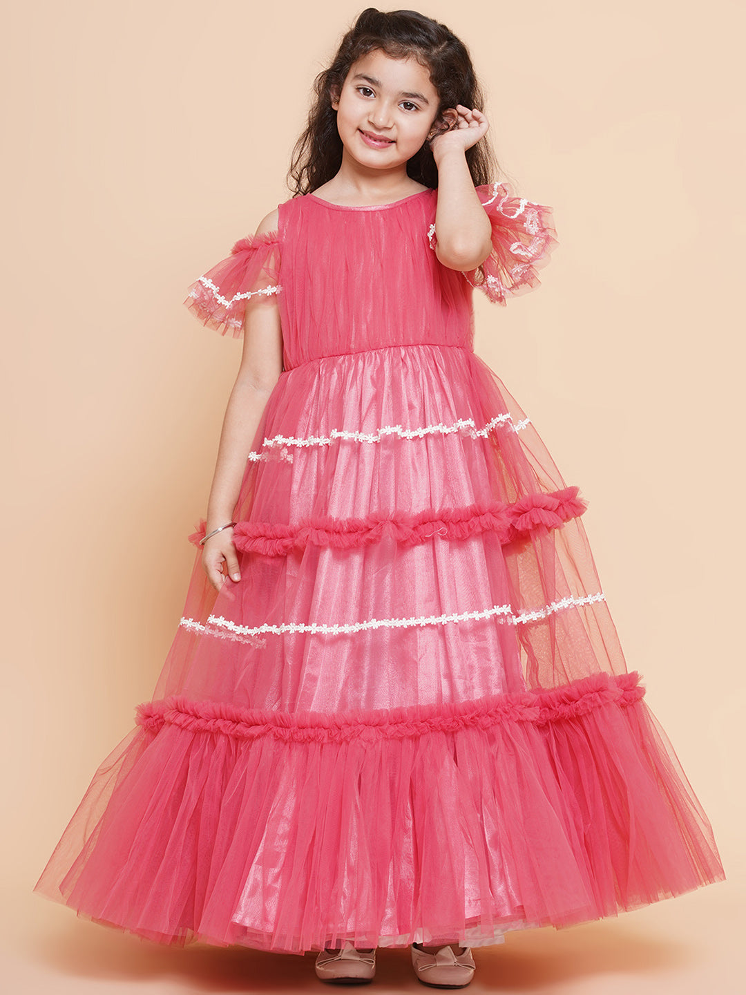 Bitiya by Bhama 
Girls Cold Shoulder Tiered Fit & Flare Maxi Dress