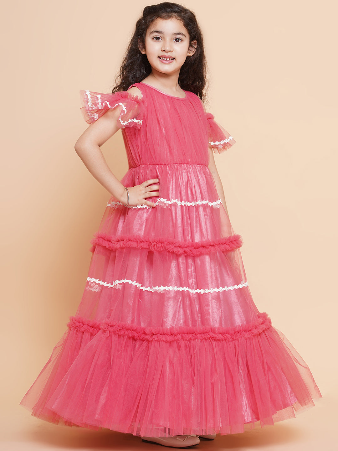 Bitiya by Bhama 
Girls Cold Shoulder Tiered Fit & Flare Maxi Dress