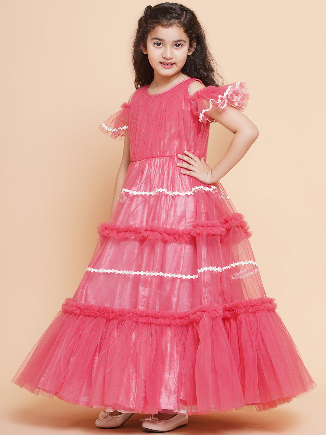 Bitiya by Bhama 
Girls Cold Shoulder Tiered Fit & Flare Maxi Dress