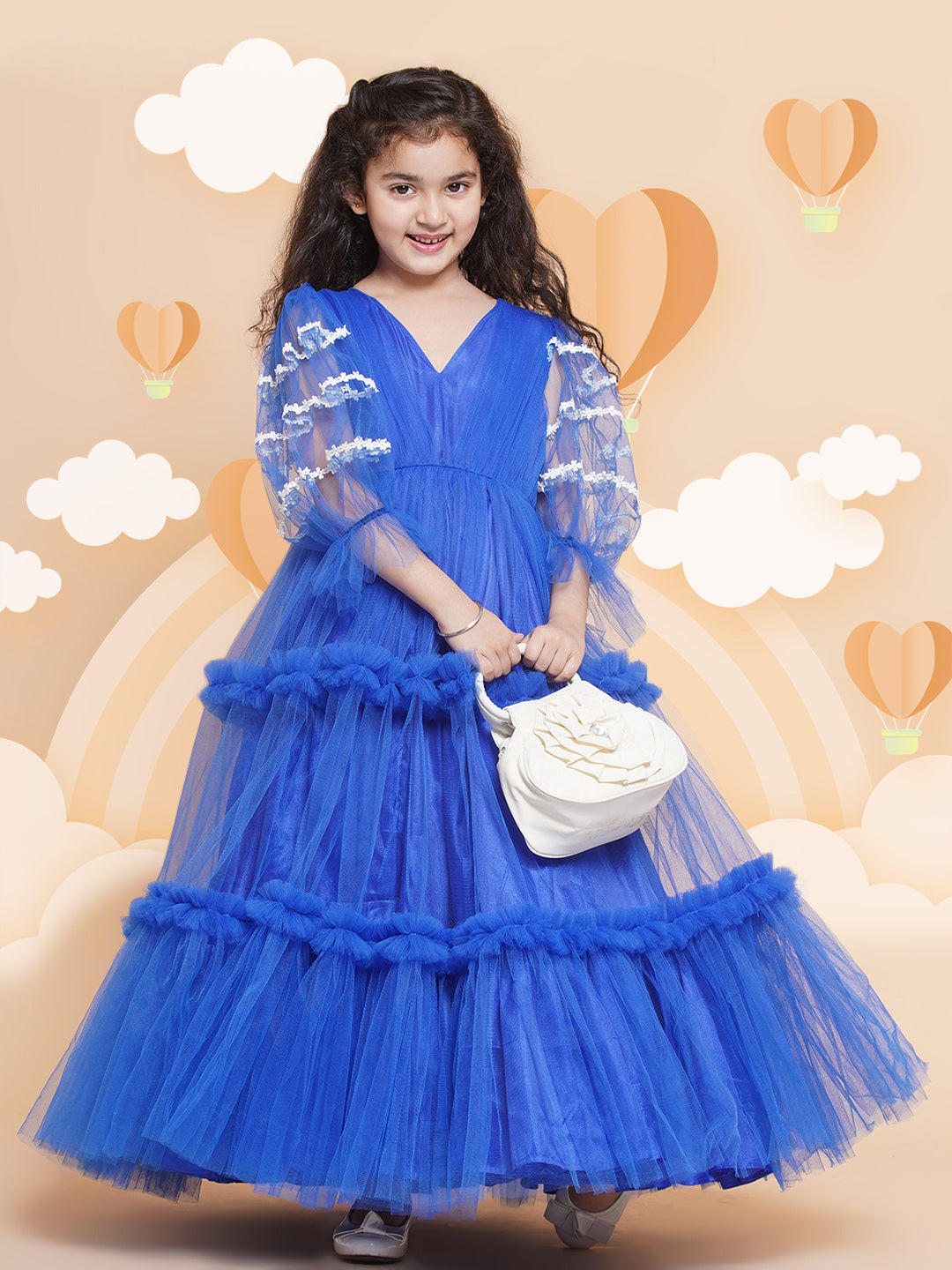 Bitiya by Bhama 
Girls V-Neck Ruffled Detail Net Fit &  Flare Maxi Dress
