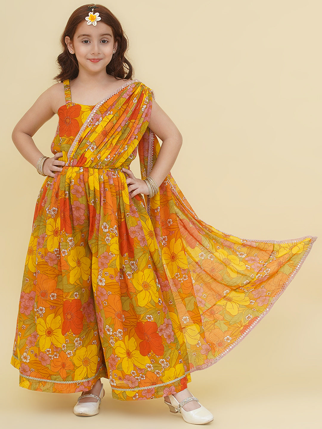 Bitiya by Bhama Girls Yellow & Multi Jumpsuit Maxi Dress.