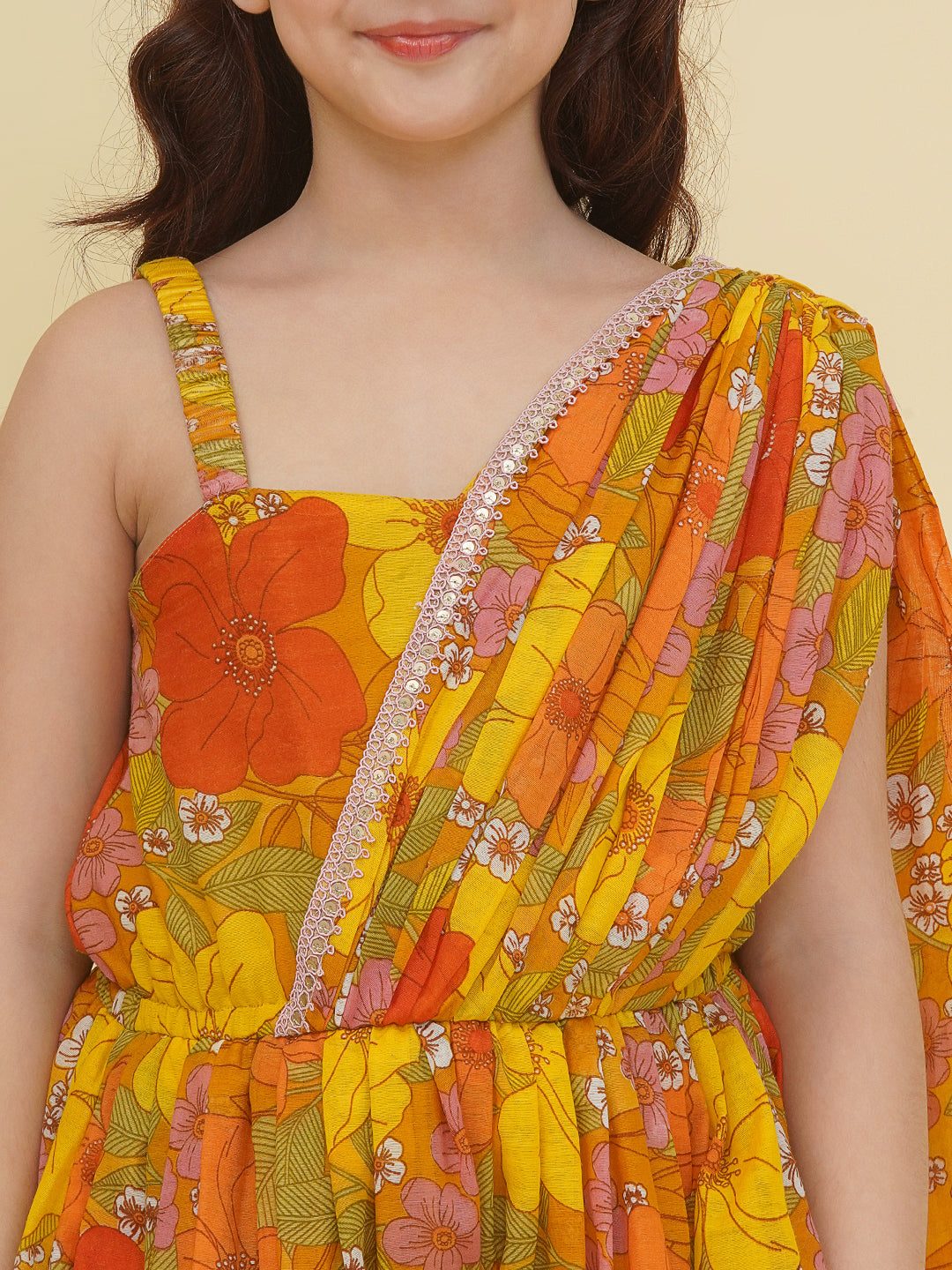 Bitiya by Bhama Girls Yellow & Multi Jumpsuit Maxi Dress.